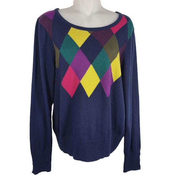 G.H. Bass & Co Women Cashmere Blend Argyle Knit Sweater Large Preppy Button Cuff - Picture 1 of 8